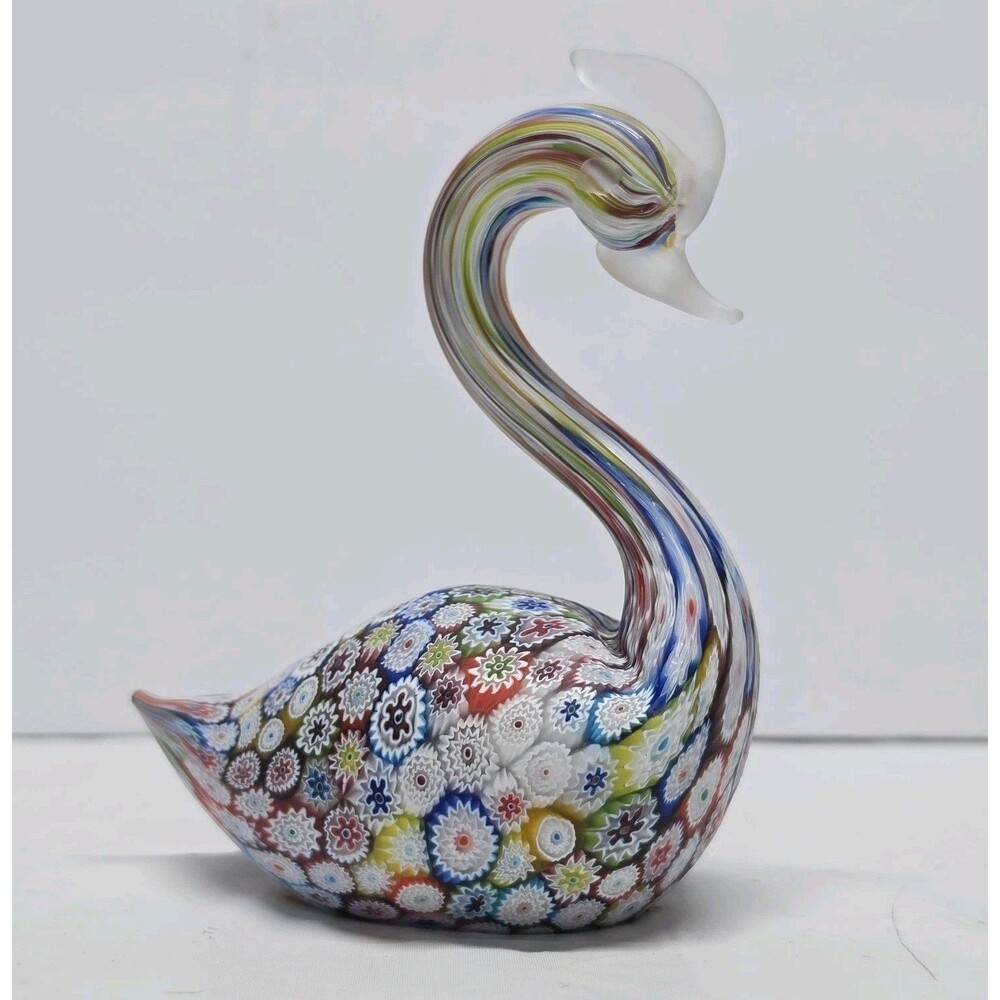 Murano Millefiori Art Glass Swan Sculpture Figurine Paperweight Satin Finish 5"
